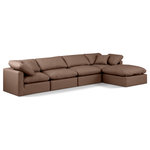 Meridian Furniture - Indulge Upholstered Modular L-Shaped Sectional, Brown, 5-Piece: 2 Armless Chair, 2 Corner Chair, 1 Ottoman, Fiber Stuffed Vegan Leather - Experience ultimate comfort and style with our brown vegan leather Indulge Sectional. The luxurious vegan leather will elevate the aesthetic of any room. This sofa provides ample space for you to relax while its modular build offers the option of unlimited configurations. Whether you're looking to add a stylish element to your living room or a comfortable seating option to your bedroom, this sofa is the perfect choice.