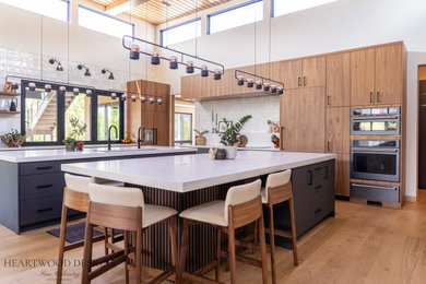 Inspiration for a huge contemporary kitchen remodel with flat-panel cabinets and two islands