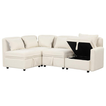 Comfortable Sofa, Modular Design With Chenille Upholstered Storage Seat, Cream, Cream