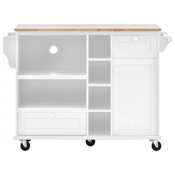 Spacious Kitchen Island Cart, Side Cabinet & Open Shelves, White/Natural