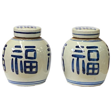 Pair Blue White Small Oriental Fok Characters Porcelain Ginger Jars Hws1377