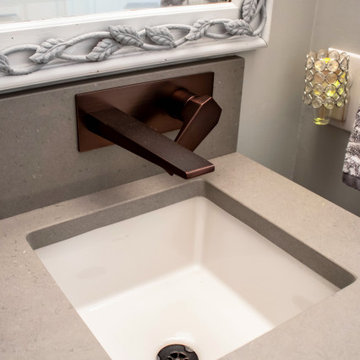 Maple Stained Shaker Wet Bar with Matching Tile in Powder Room