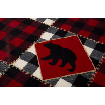 Lumberjack Bear Red Plaid Sherpa Throw Blanket, 54"x68"