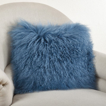 Mongolian Lamb Fur Poly Filled Throw Pillow, Blue Gray, 16"x16"