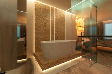 Стильный дизайн: ванная комната в современном стиле с инсталляцией, полом из керамогранита и открытым душем - последний тренд