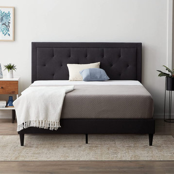 Traditional Queen Size Platform Bed, Diamond Tufted Headboard, Charcoal