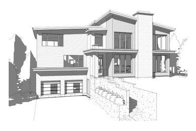 Idee per la facciata di una casa ampia grigia contemporanea a due piani con rivestimento in mattoni, copertura a scandole, tetto nero e pannelli sovrapposti