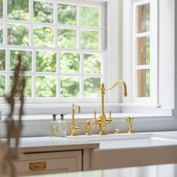 Château Charm: French-Inspired Kitchen Renovation with Plaster Hood Blue Stove a