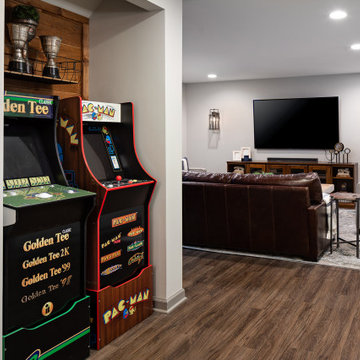 Navy Bar Ceiling with Gold Accent Backsplash Basement