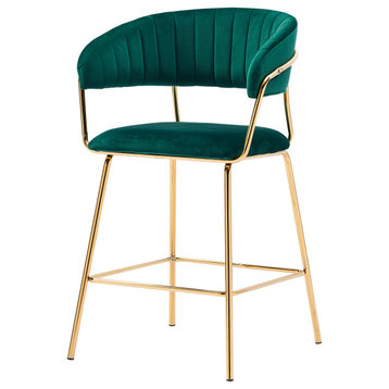 Bellai Gold Plated With Velour Fabric Bar Chair, Set of 2, Green, 24"