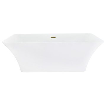 Carani 65"x28" Flatbottom Freestanding Soaking Bathtub, White, Brushed Brass Hardware