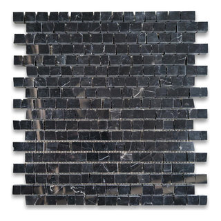 Nero Marquina Black Marble 1x4 Herringbone Mosaic Tile Honed