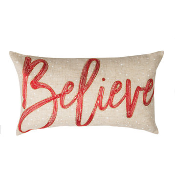 Believe Embroidered Christmas Pillow, 12"x20"