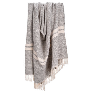 Herringbone Cotton Throw, Grey and Natural Stripes, Large