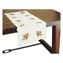 Xia Home Fashions - Holly Berry Embroidered Collection Table Runner, 16x34 - Table Runners