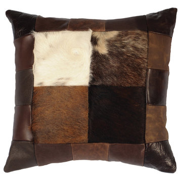 Patch Leather Hair on Hide Pillow, 16x16 with Fabric Back