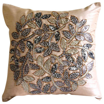 3D Sequins Leaf Beige Pillow Shams, Art Silk 24"x24" Pillow Shams, Leaf Rings