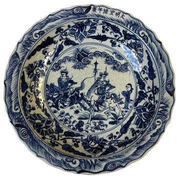 Chinese Blue & White Porcelain Horses Warriors Display Charger Plate Hws3092