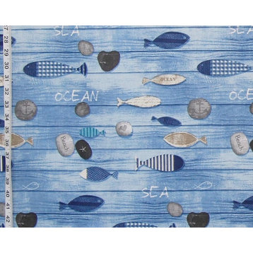 Blue Beach Fabric Seashore Weathered Boards Wooden Fish Stones, Standard Cut