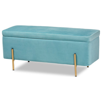 Rockwell Sky Blue Velvet Fabric Upholstered and Gold Finish Metal Storage Bench