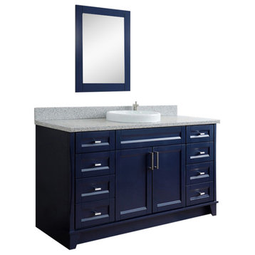 61" Single Sink Vanity, Blue Finish And Gray Granite And Round Sink