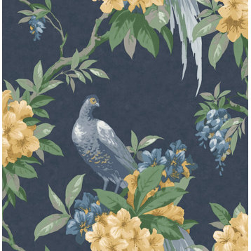Golden Pheasant Dark Blue Floral Wallpaper Bolt