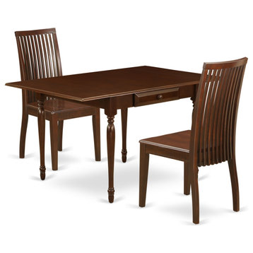 3 Pieces Table Set, Robust Drop Leaf Real Table, 2 Wooden Seat Chairs, Mahogany