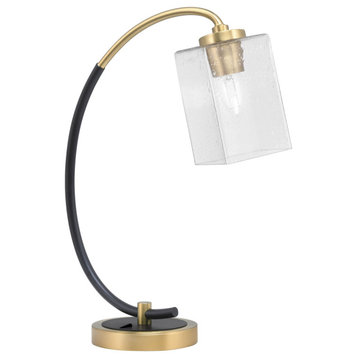 1-Light Desk Lamp, Matte Black/New Age Brass, 4" Square Clear Bubble Glass