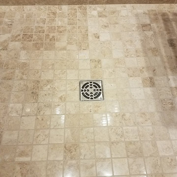 Travertine Tiles and Subway Brown Glass