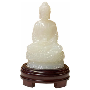 Chinese Off White Stone Sitting Buddha Gautama Amitabha Shakyamuni Statue ws1789