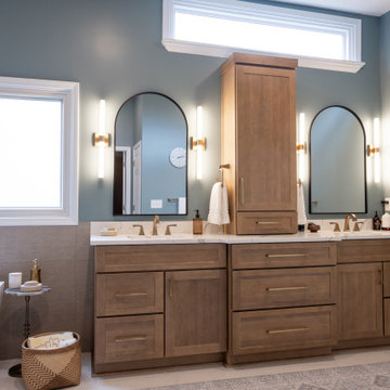 Spa Like Primary Bathroom Remodel with Warm Wood & Brass Details