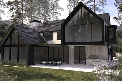 Large trendy gray two-story concrete fiberboard exterior home photo in Vancouver with a metal roof and a black roof