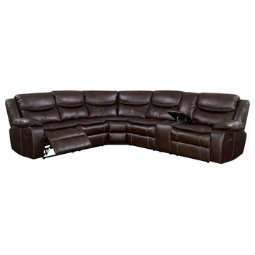 Reclining Sectional Sofa, Faux Leather Seat, Console With 2 Cup Holders, Brown