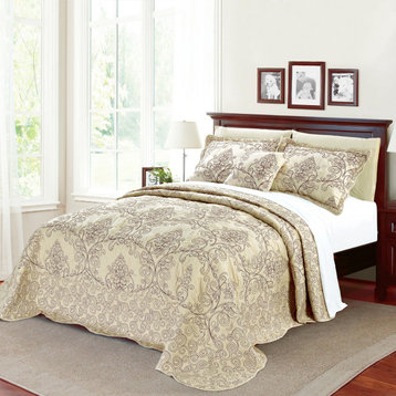 Damask Embroidered Quilted 4 Piece Bed Spread Sets, Beige, Queen