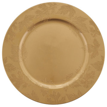 Round Charger Plates With Fall Leaf Design, Set of 4, Gold
