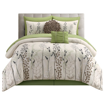 Lioyd 10 Piece Comforter Set, White/Green, Floral, Queen