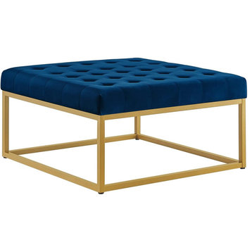 Modern Coffee Table, Golden Metal Base With Tufted Fabric Top, Navy/Gold