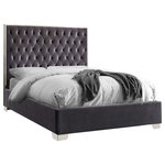 Meridian Furniture - Lexi Velvet Bed, Gray, Full - Make the Lexi grey velvet bed part of your dream bedroom setup. This bed has all of the bells and whistles you want, including a super tall headboard that stands nearly five-feet tall. The bed is covered in grey velvet fabric for a luxe look, and it's deeply tufted for added luxuriousness. The headboard is soft and welcoming against your back and head as you read or watch TV in bed, and the bed rests on chrome legs for dependable sturdiness and durability. Use it without a box spring or foundation, since the slats are included.