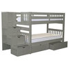 Bedz King Pine Wood Twin over Twin Stairway Bunk Bed with 2-Drawer in Gray