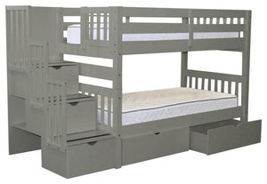 Bedz King Pine Wood Twin over Twin Stairway Bunk Bed with 2-Drawer in Gray