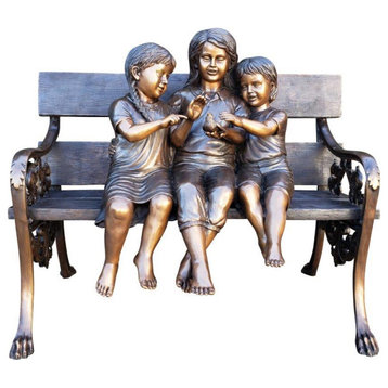 Three kids on a Bench Holding a Bird Bronze Statue -  Size: 40"L x 30"W x 33"H