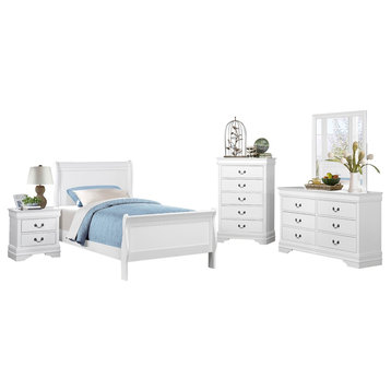 5-Piece Modern Full Sleigh Bed, Dresser, Mirror, Nightstand, Chest White