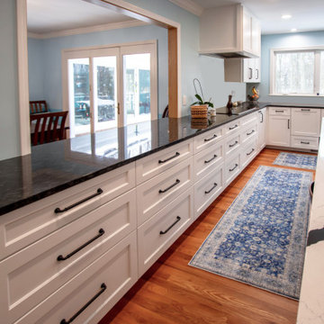 Kitchen with White Perimeter and Blue Island Cabinet Reface