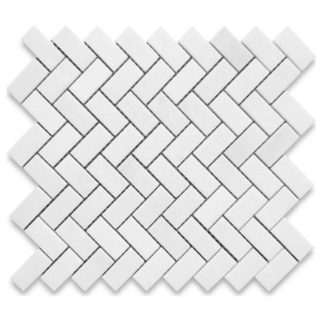Thassos White Marble 1x2 Herringbone Mosaic Wall Floor Tile Polished, 1 sheet