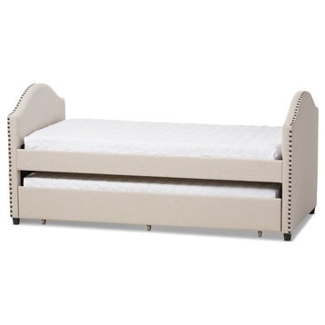 Alessia Upholstered Daybed With Guest Trundle Bed, Beige Fabric