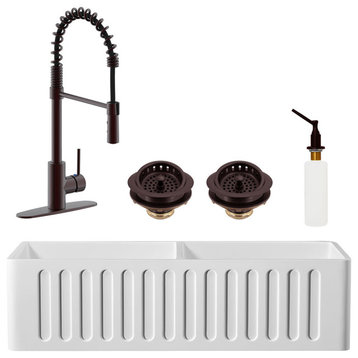 36" Double Bowl Solid Surface Reversible Sink and Faucet Kit, Oil Rubbed Bronze