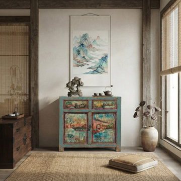 Chinese Distressed Turquoise Blue Old Graphic Credenza Cabinet cs7312S