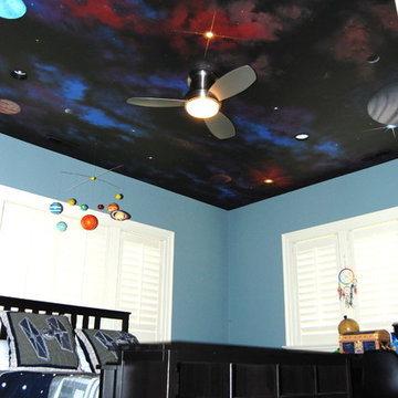 Space Night Sky Ceiling Mural in a kids bedroom by Tom Taylor of MuralArt.com