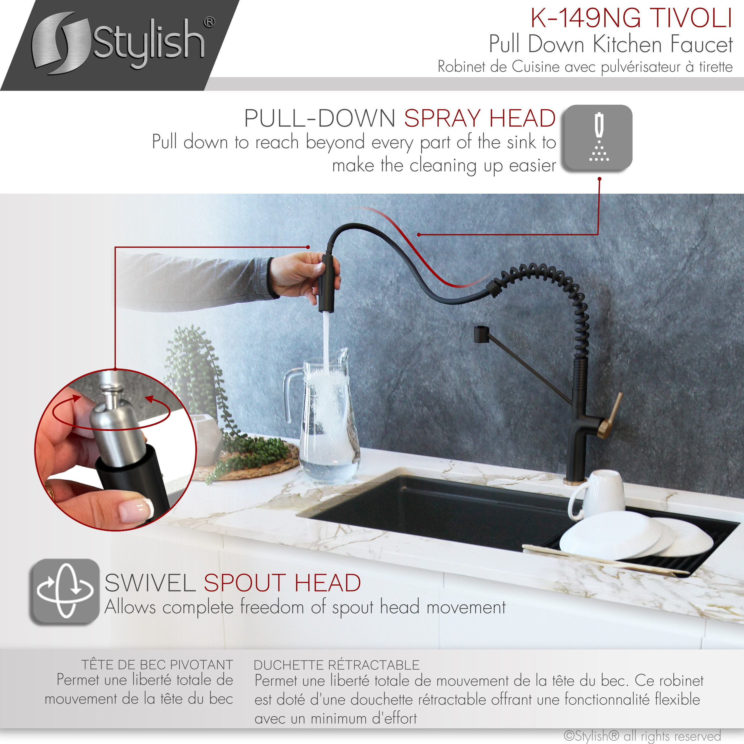 STYLISH Single Handle Pull-Down Dual Mode Kitchen Faucet in Matte Black/Gold