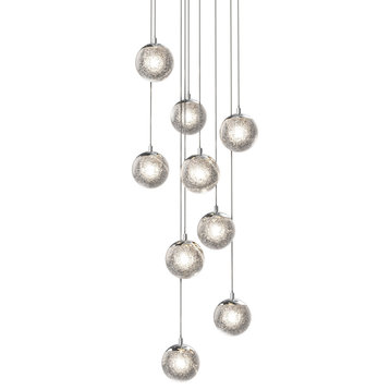 Champagne Bubbles 9-Light Round LED Pendant, Polished Chrome, Seeded Glass
